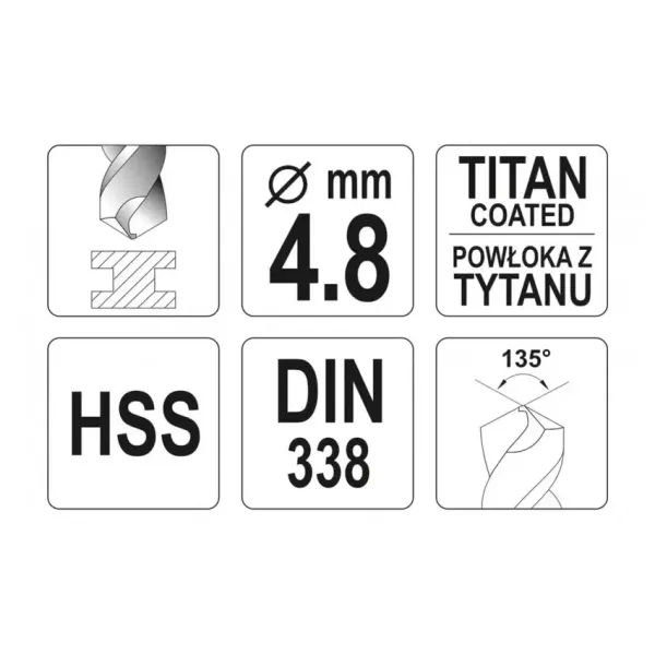Свердло для металу з титановим покриттям YATO 4.8х86/52мм YT-44645