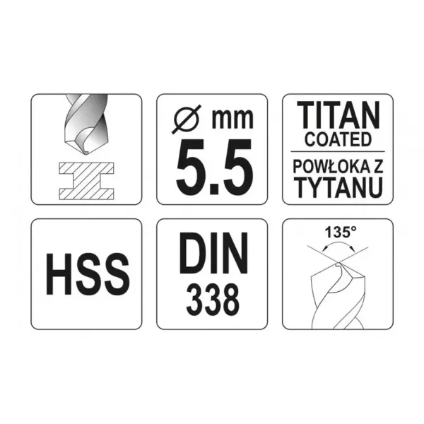 Свердло для металу з титановим покриттям YATO 5.5х93/57мм YT-44653