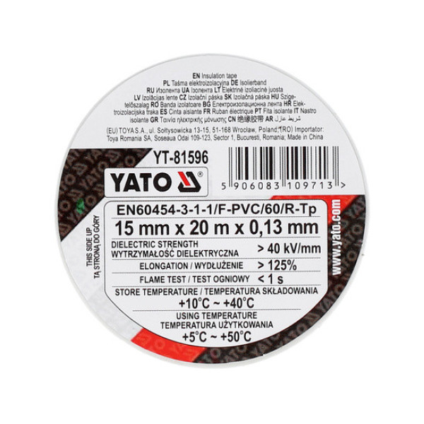 Стрічка електроізоляційна біла ПВХ YATO 20м 15x0.13 мм робоча t = 5-50 °C YT-81596