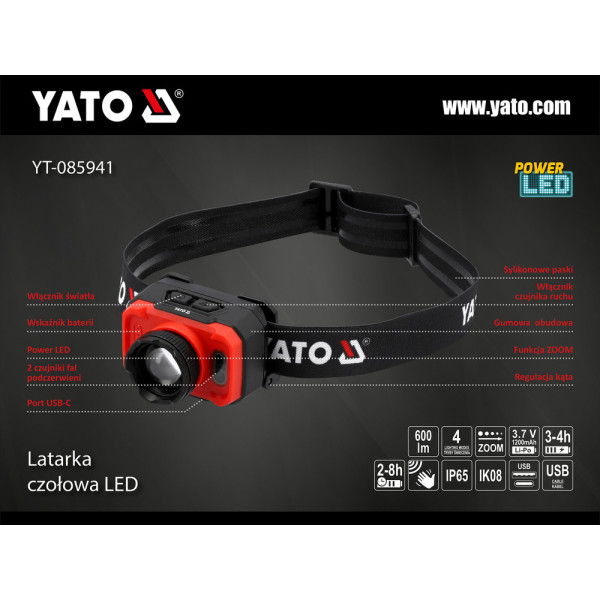 Ліхтар акумуляторний налобний із датчиком руху YATO YT-085941
