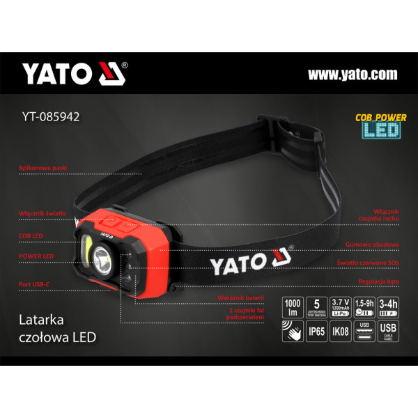 Ліхтар акумуляторний налобний із датчиком руху YATO 8 Вт Li-Po 3.7 В 1.2 Агод 1000 Лм YT-085942