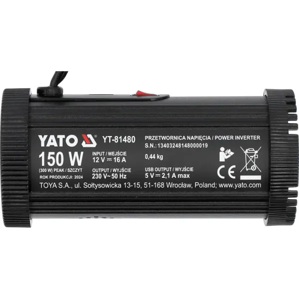Перетворювач напруги YATO з 12 В DC на 230 В 150 Вт/300 Вт AC USB YT-81480
