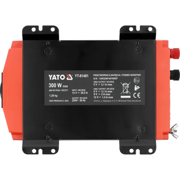 Перетворювач напруги YATO з 12 В DC на 230 В 300 Вт/600 Вт AC USB чиста синусоїда YT-81481
