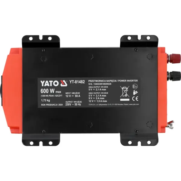 Перетворювач напруги YATO з 12 В DC на 230 В 600 Вт/1200 Вт AC USB чиста синусоїда YT-81482