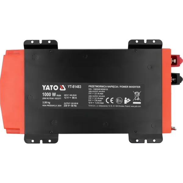 Перетворювач напруги YATO з 12 В DC на 230 В 1 кВт/2 кВт AC USB чиста синусоїда YT-81483