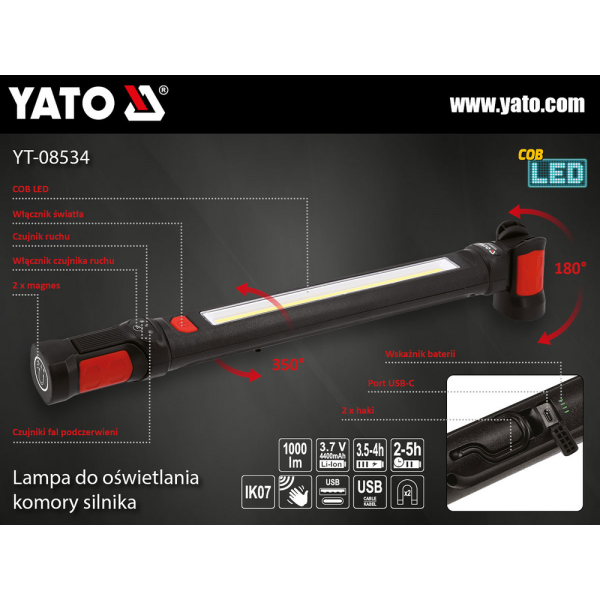 Лампа світлодіодна для моторного відсіку двигуна YATO 3.7В Li-Ion 1000/500 Лм YT-08534