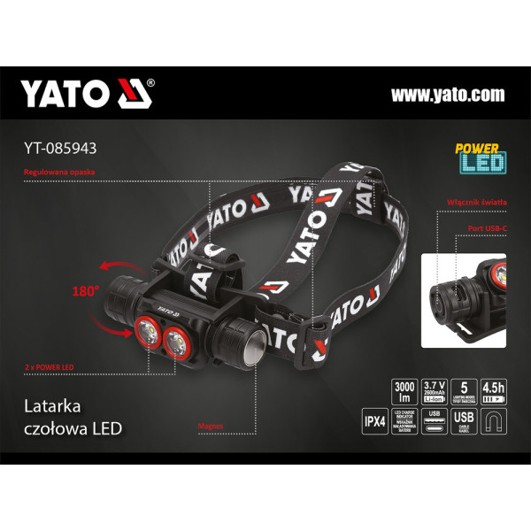 Ліхтар налобний акумуляторний YATO Li-Ion 3.7 В 2.6 А·год 5режимів дальнь160/90/60/12 м YT-085943 YT-085943