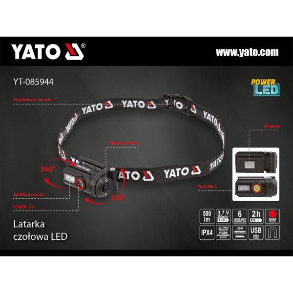 Ліхтар налобний акумуляторний YATO Li-Po 3.7 В 0.35 А·год 6режимів льон.85/50/30/20 м YT-085944 YT-085944