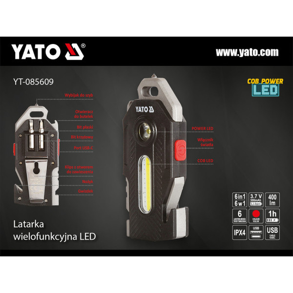 Ліхтар акумуляторний 6в1 YATO Li-Ion 3.7 В 350 мА 400/200/50/35 Лм 6 різ YT-085609 YT-085609