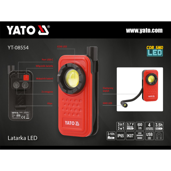 Ліхтар діодний з гнучкою лампою 3в1 акумуляторний YATO Li-Po 3.7 В 800 мА·год 600 Лм 4 режими YT-08554
