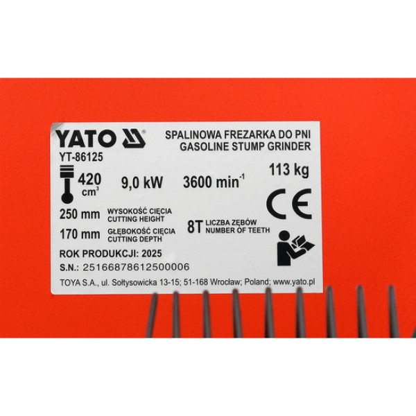 Измельчитель пней бензиновый YATO 9кВт  420см3, вис/глиб зрізу- 25/ 17см, бак- 6,5 лYT-86125 YT-86125