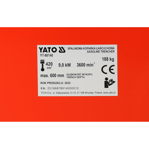 Екскаватор-міні ланцюговий роторний бензиновий YATO 9 кВт 420 см3 шир/глиб 10/60 см бак 6.5 л YT-86140 YT-86140