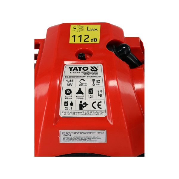 Бензокоса YATO 52 см3 1.45 кВт жилка Ø 430 мм диск Ø 255 мм YT-85005 YT-85005