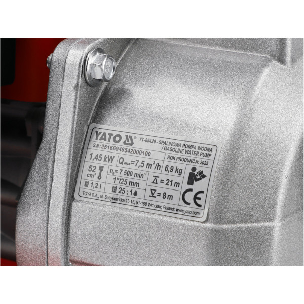 Мотопомпа YATO 1" 1.45 кВт 7.5 м3/год вис/глиб 21м/8м YT-85420 YT-85420