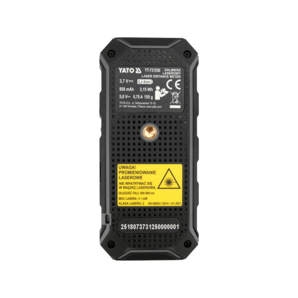 Далекомір лазерний двоспрямований акумуляторний YATO LCD-диспл. даль. 2х100 м ±2 мм 3.7В 850 мА·год YT-731250 YT-731250