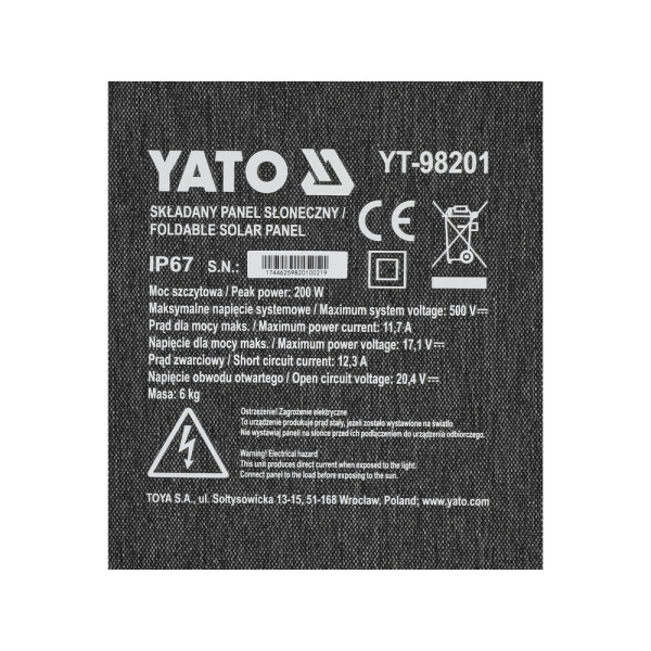 Сонячна панель складана 4 в 1 YATO 200 Вт 11.7 А 2233х588х35 мм YT-98201 YT-98201