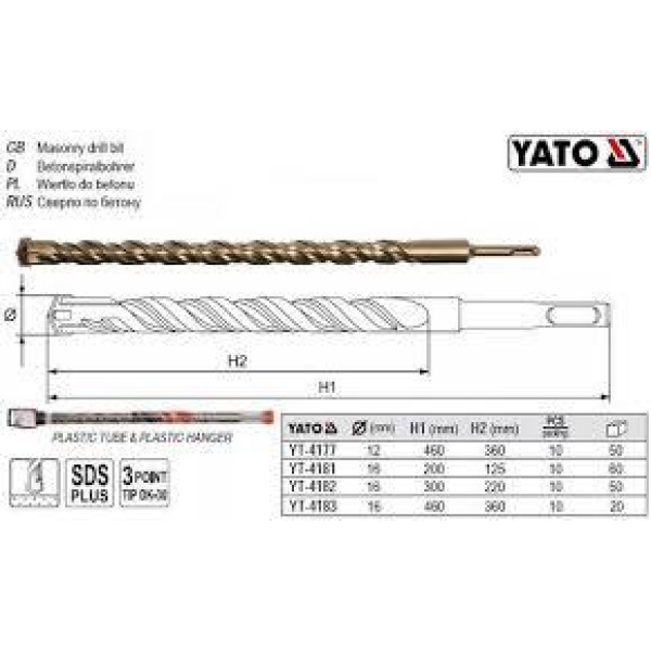 Бур для бетону YATO 12х600/490 мм SDS+ YT-4178 YT-4178
