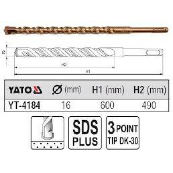 Бур для бетону YATO 16х600/490 мм SDS+ YT-4184 YT-4184