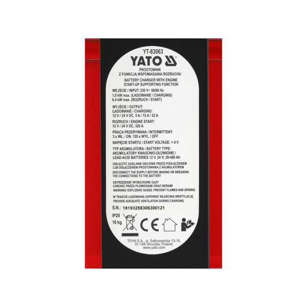 Пускозарядний пристрій YATO акумулятор 12/24 В, 5/15/32А 20-400 А·год від мережі 230 В старт- 320 А YT-83063 YT-83063