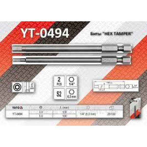 Бита HEX ¼" TAMPER 3х100мм  5х100мм YATO 2шт. YT-0494