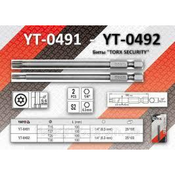 Биты Torx 1/4″  T20 / T30 100мм YATO 2 шт. YT-0492
