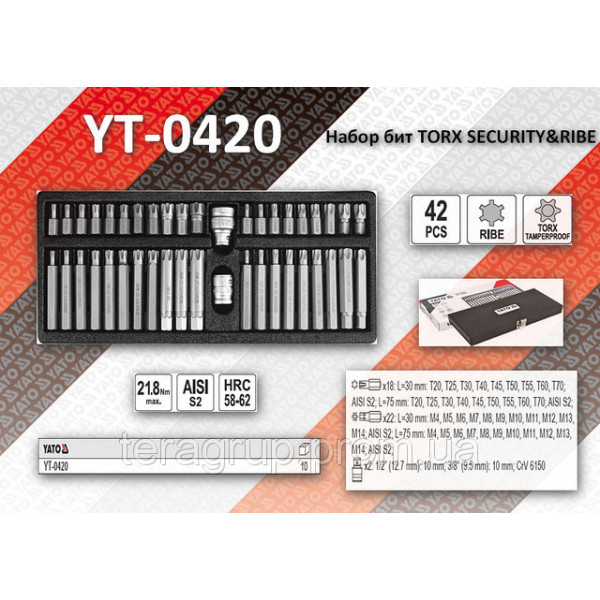 Набір біт TORX T20-T70 RIBE M4-M14 з тримачами 1/2 YT-0420